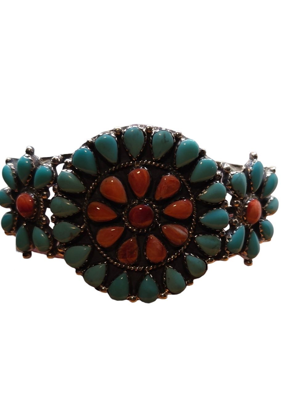 Turquoise Coral Sunburst Sterling Cluster Cuff Bracelet
